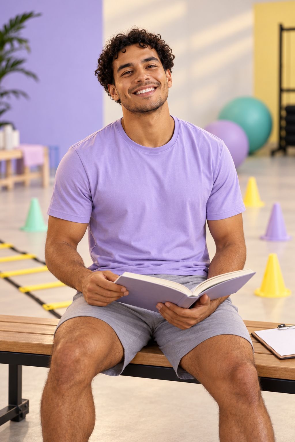 Felipe sentado num banco do estúdio, com um livro sobre treino aberto no colo