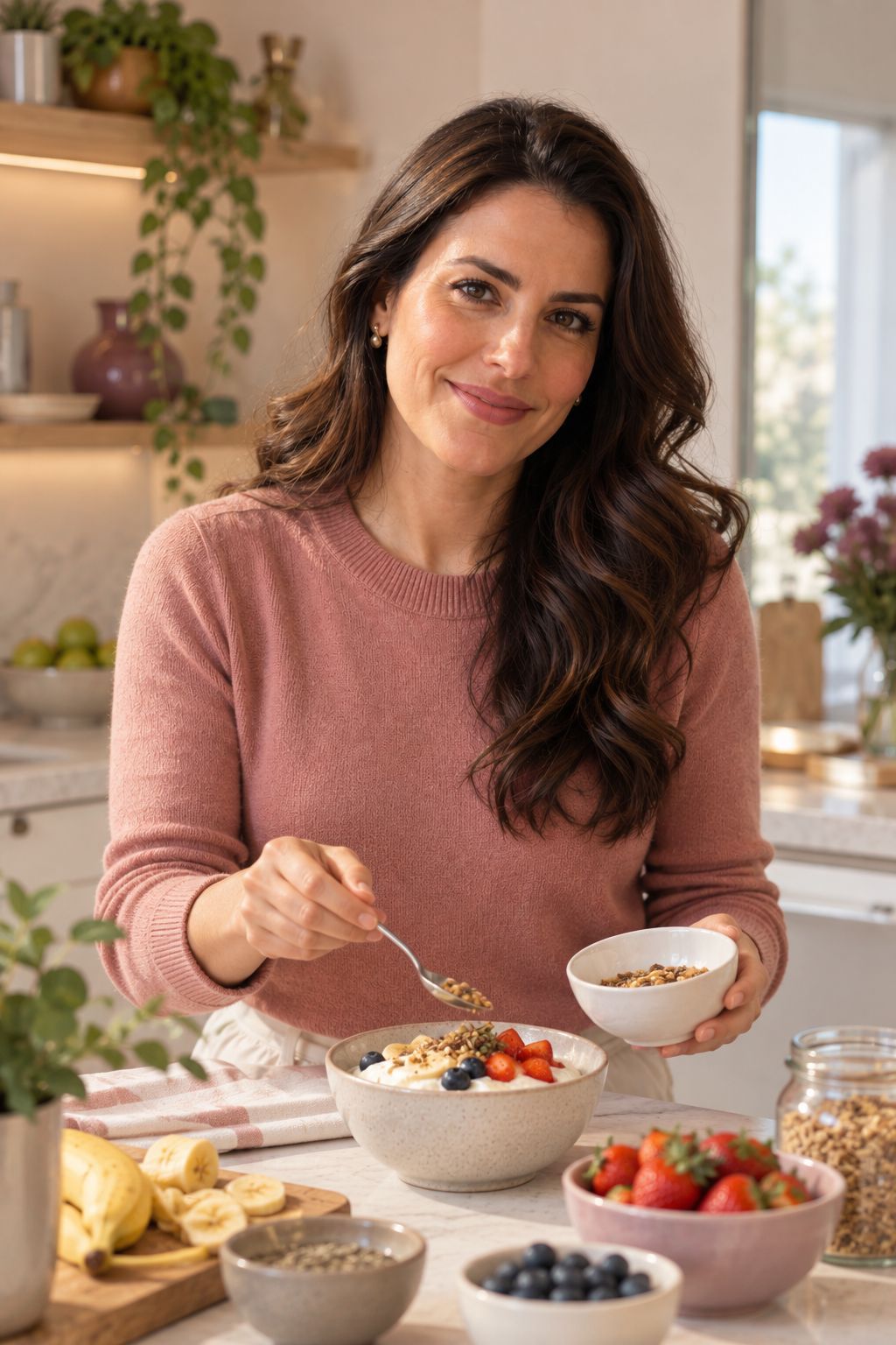 Yasmin à mesa, com tigelas de frutas e iogurte