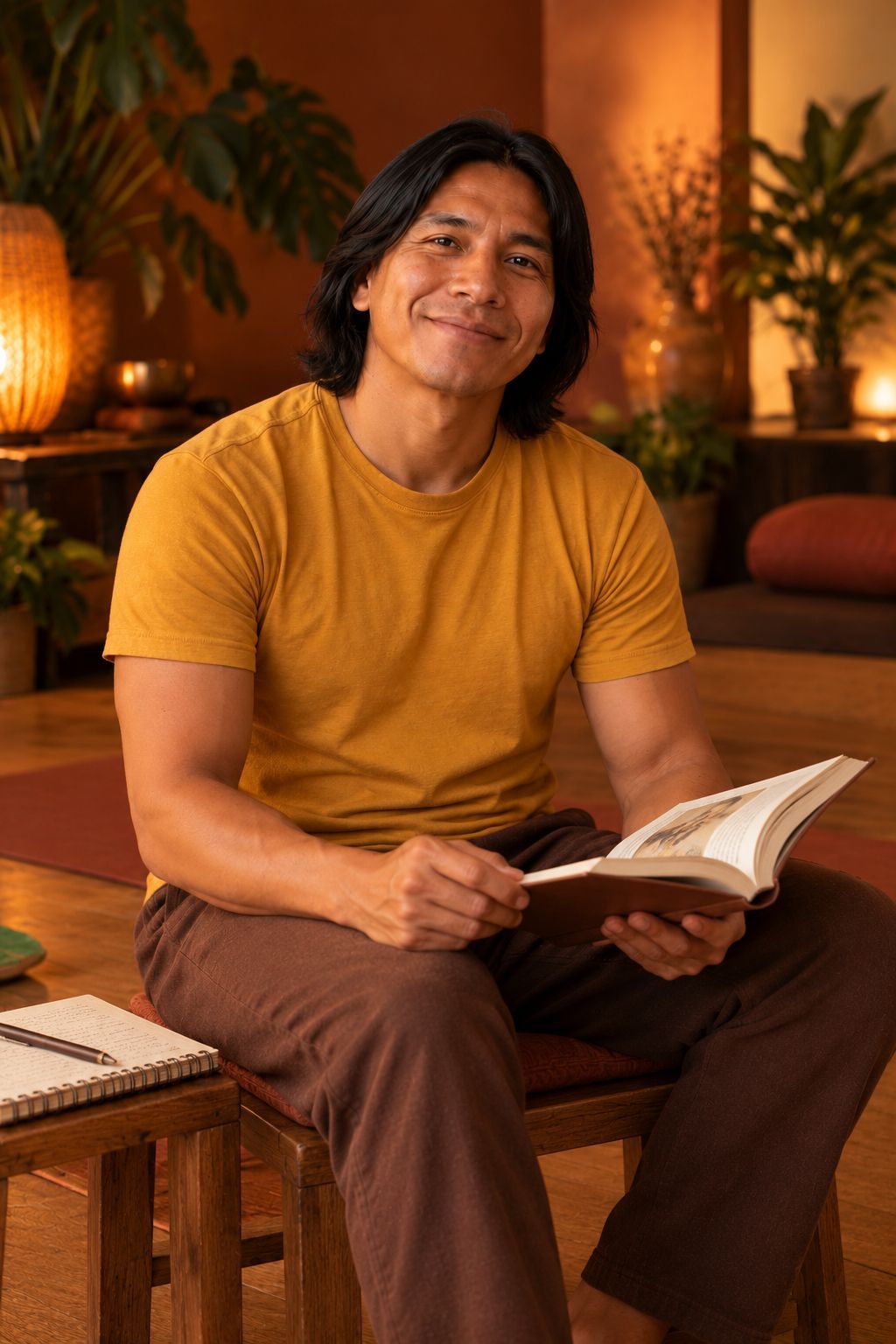 Kauã sentado no estúdio, com um livro sobre yoga aberto no colo