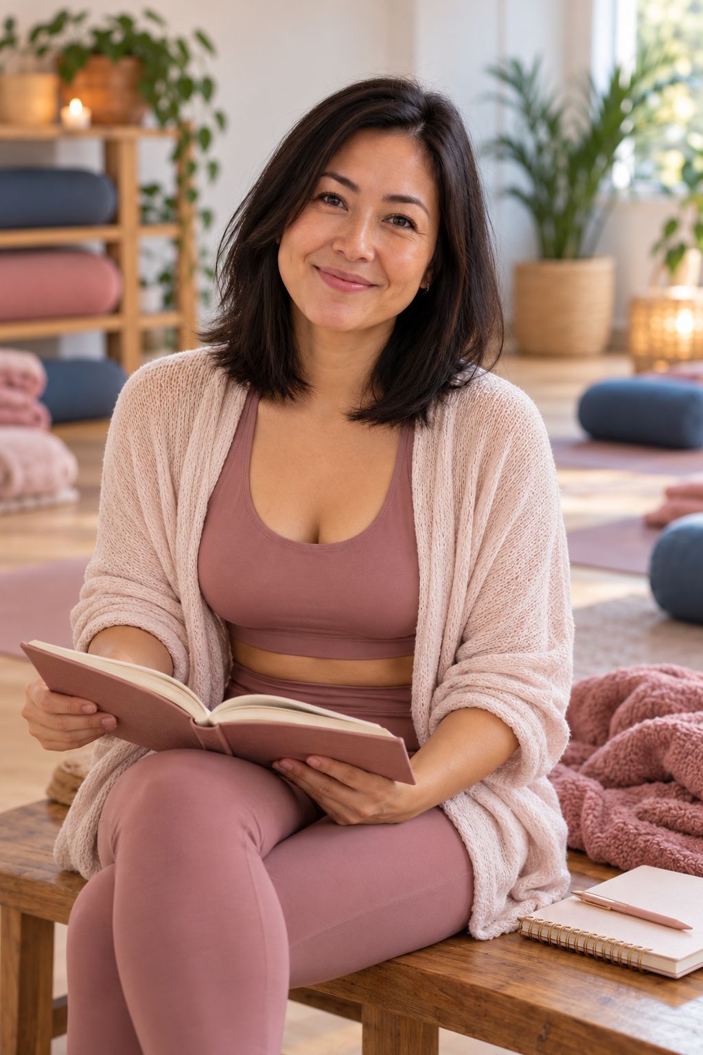 Ana Clara sentada no estúdio, com um livro sobre yoga aberto no colo