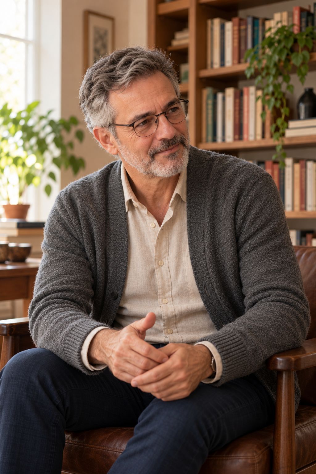 Tomás numa poltrona, escutando com atenção