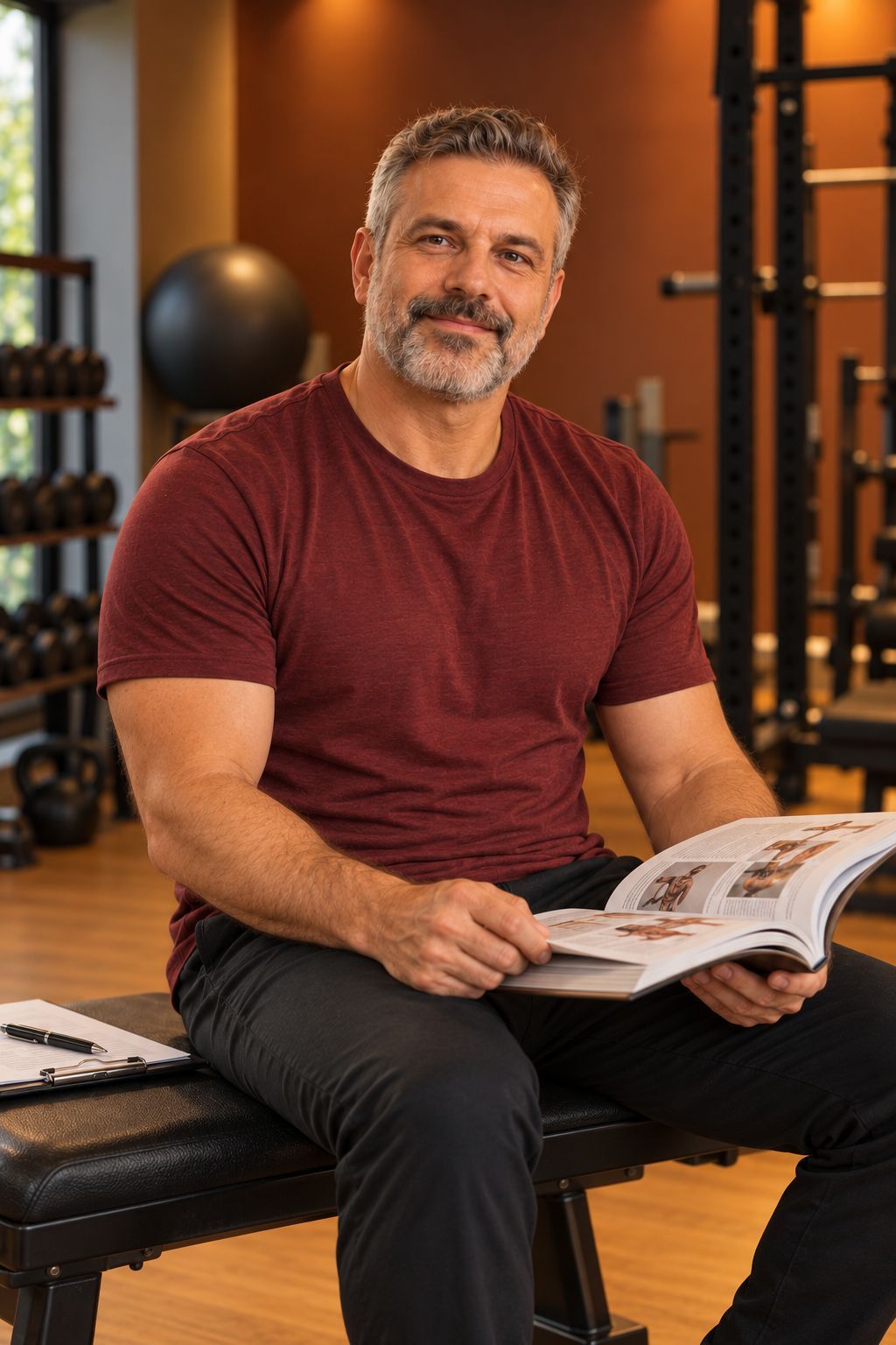 Roberto sentado num banco do estúdio, com um livro sobre treino aberto no colo