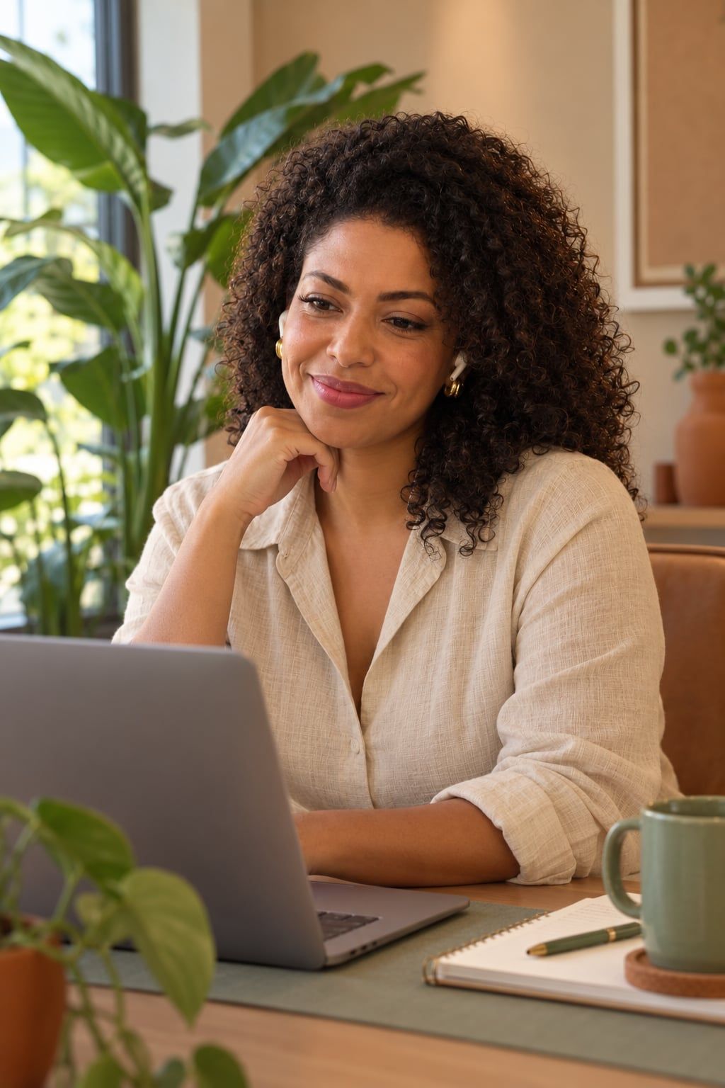 Lívia à mesa, diante do notebook, pronta para uma sessão online