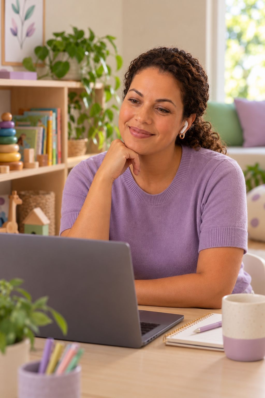 Joana à mesa, diante do notebook, numa conversa online com pais