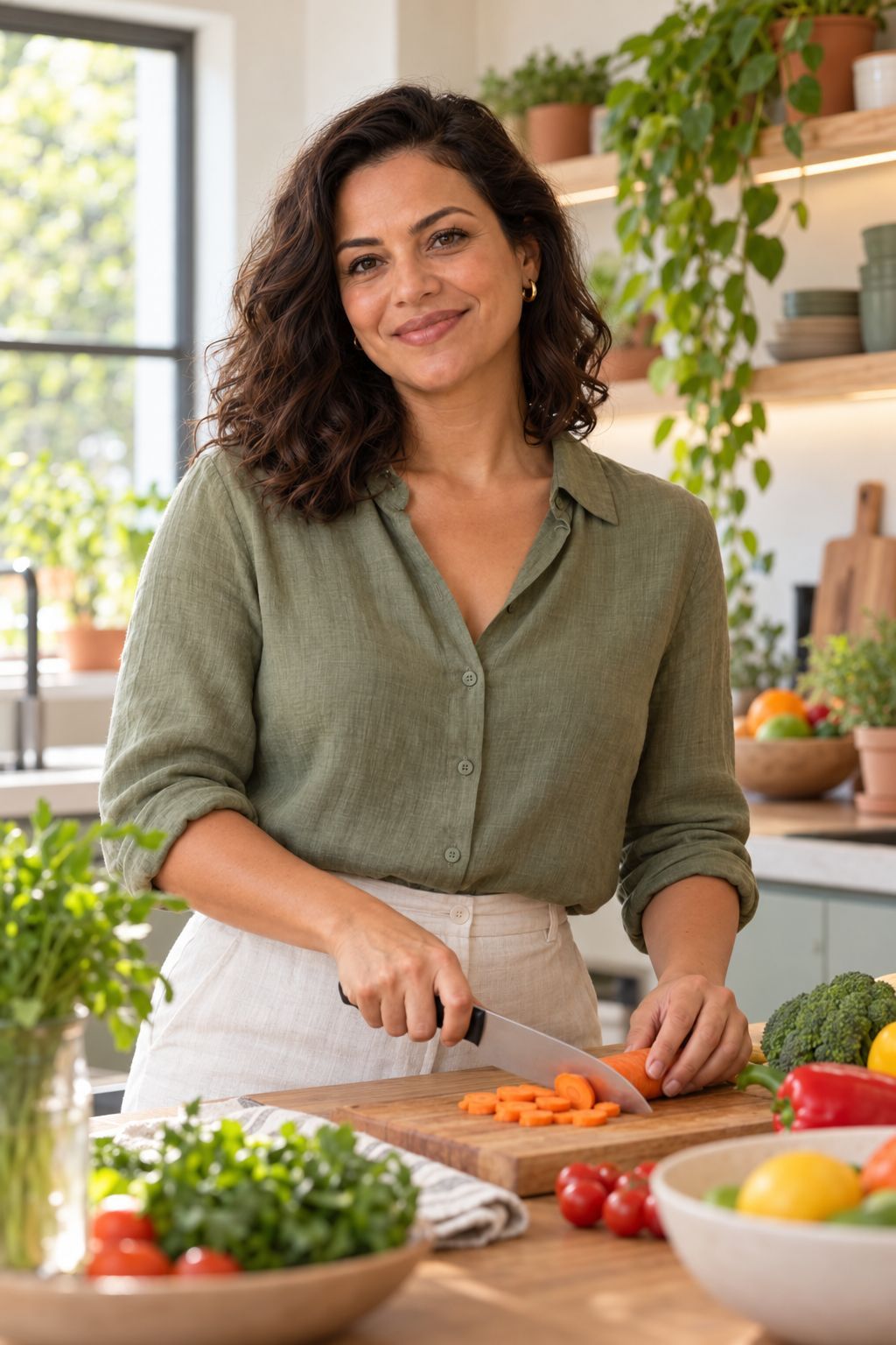 Marta na bancada da cozinha do consultório, cortando legumes frescos