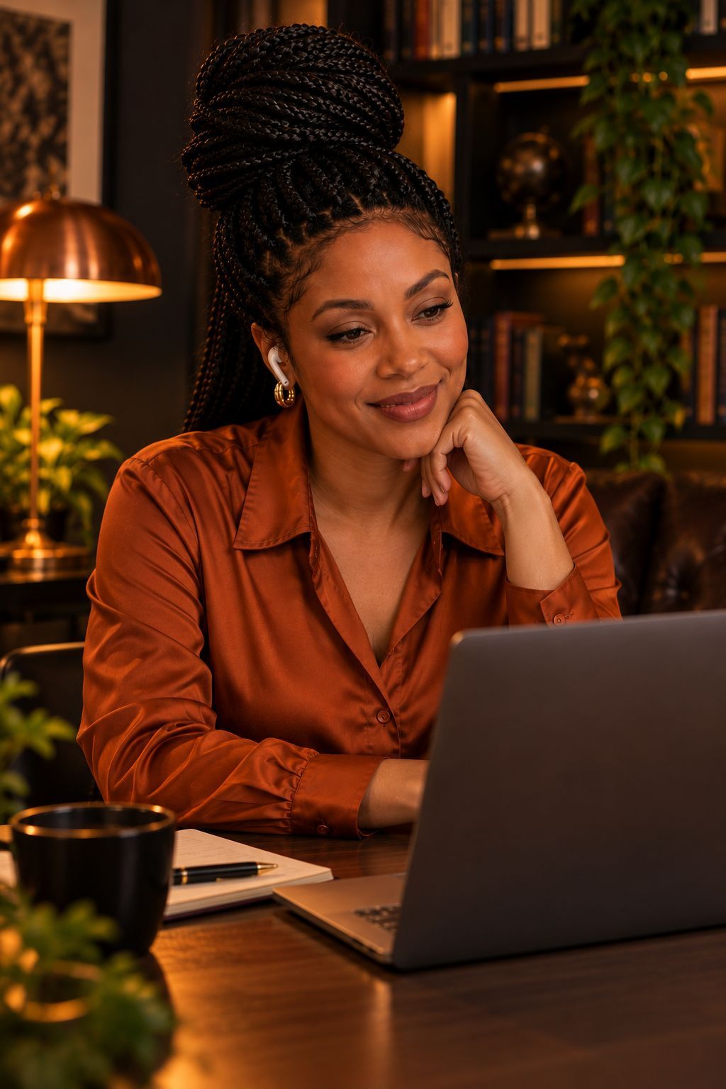 Jéssica à mesa, diante do notebook, numa consulta online