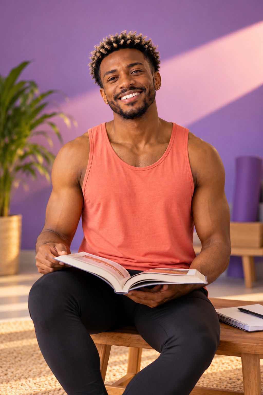 Diego sentado no estúdio, com um livro sobre yoga aberto no colo