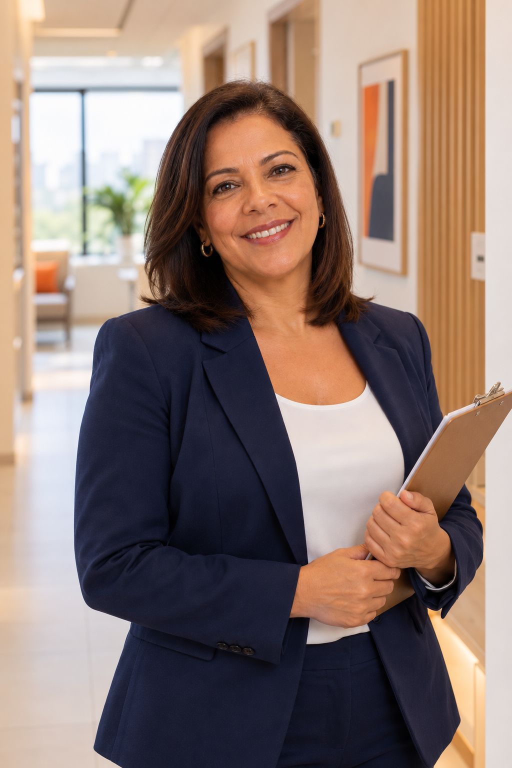 Denise de pé no consultório, com um tablet na mão, sorrindo