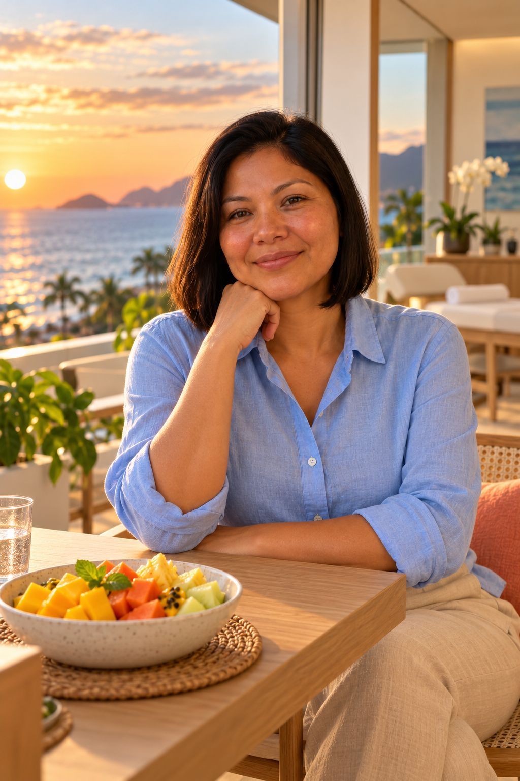 Ana à mesa da varanda, com uma tigela de frutas, apoiando o rosto na mão
