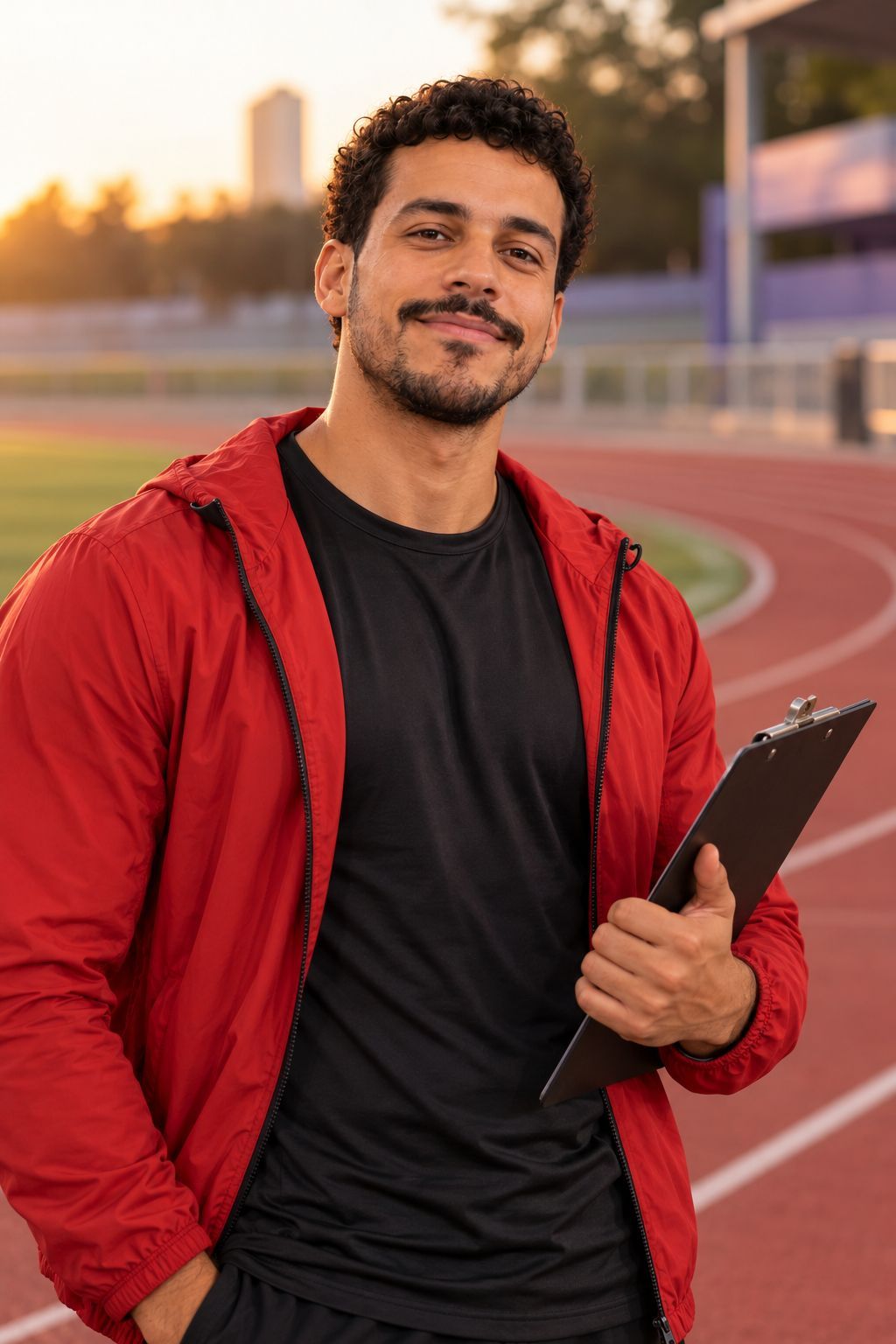 Lucas numa pista de atletismo ao entardecer, segurando um tablet