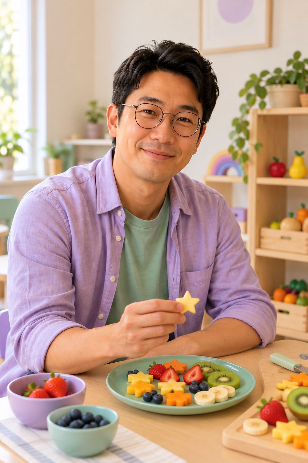 Pedro segurando uma fruta cortada em forma de estrela diante de um prato colorido