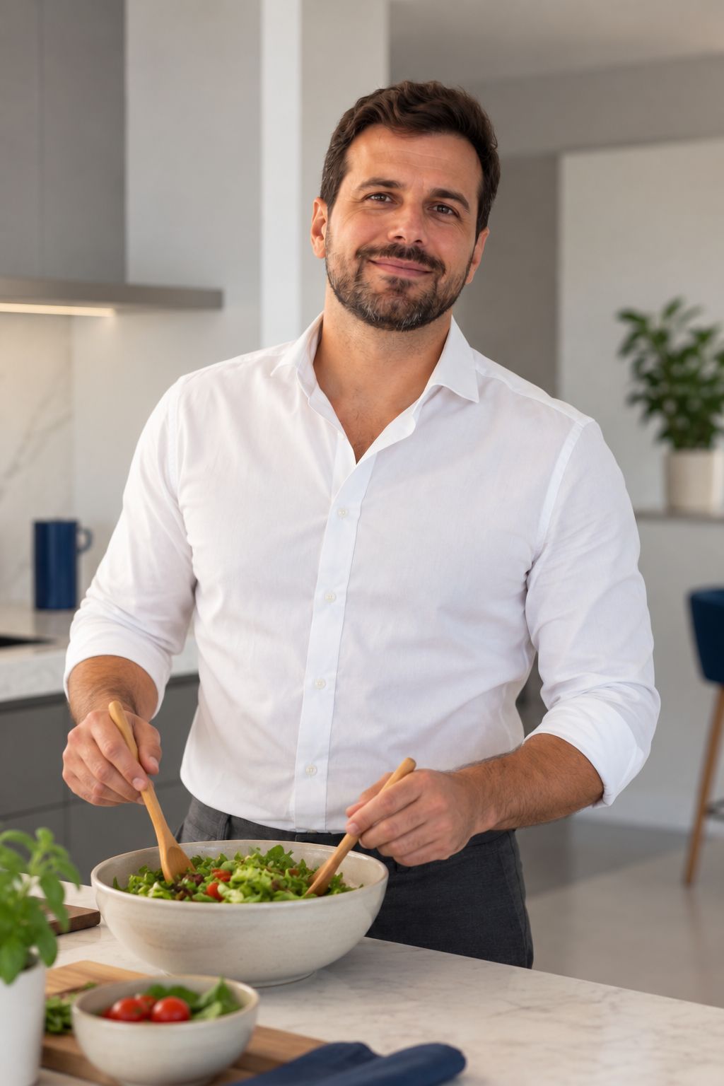 Otávio montando uma salada numa tigela, na cozinha