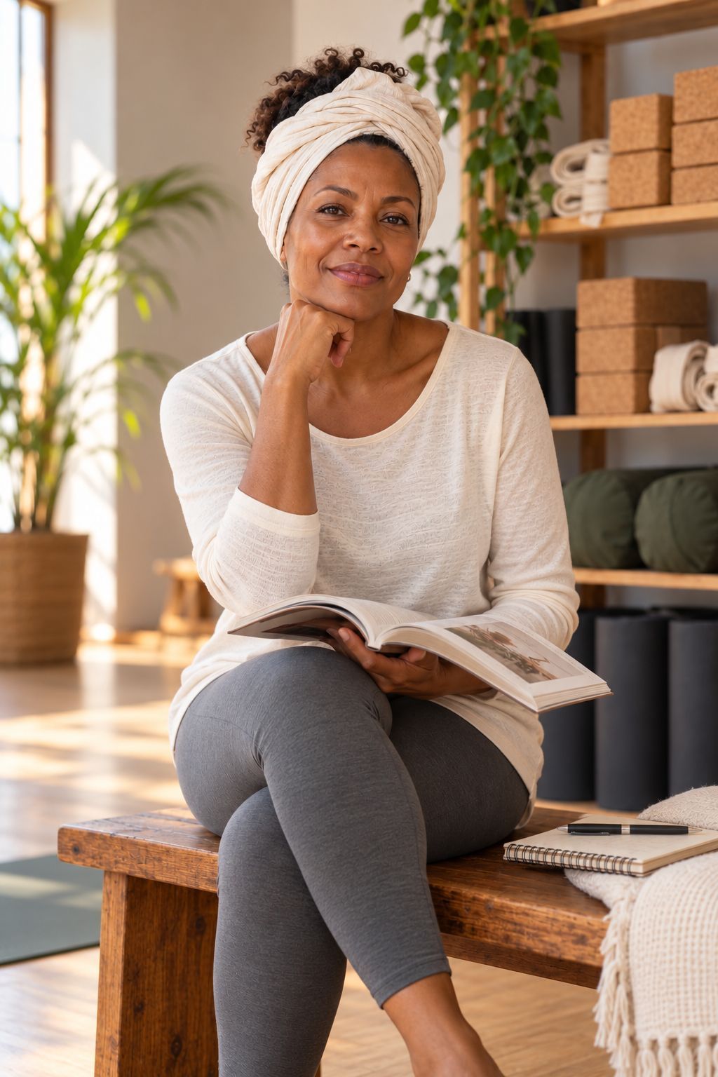 Beatriz sentada no estúdio, com um livro sobre yoga aberto no colo
