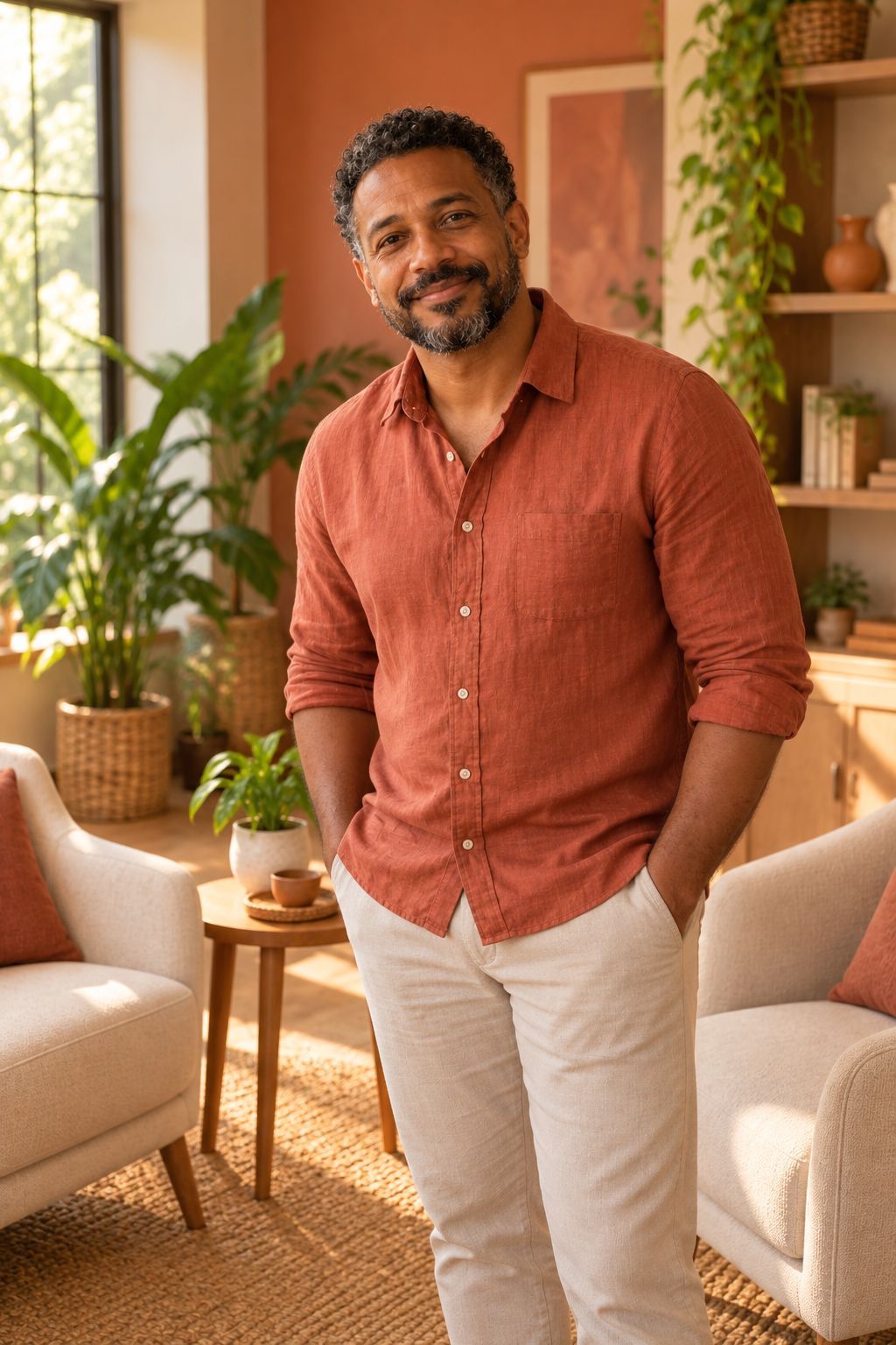 Paulo de pé na sala de atendimento, sorrindo para quem chega