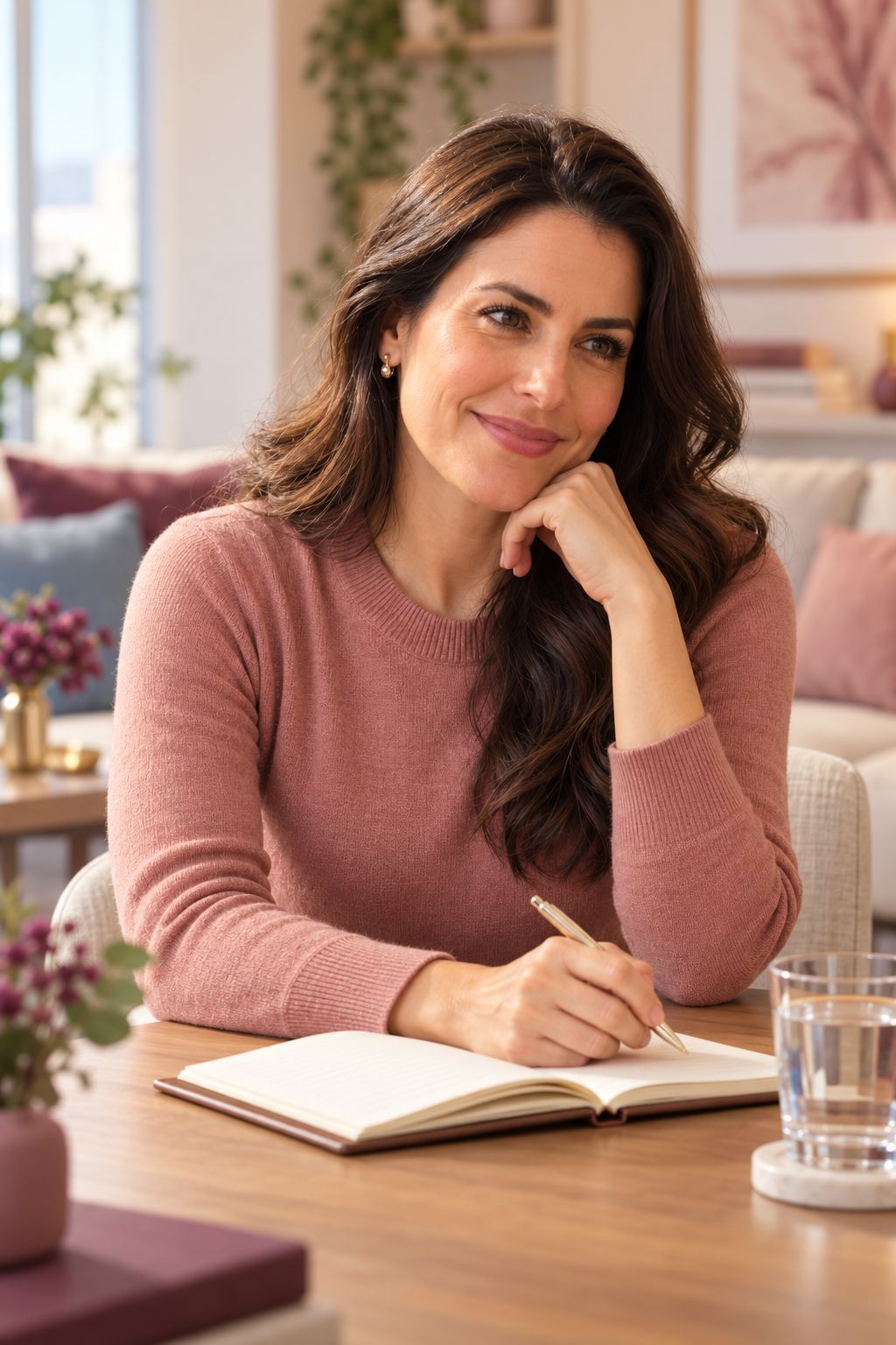 Yasmin sentada à mesa, escrevendo num caderno, com um sorriso tranquilo