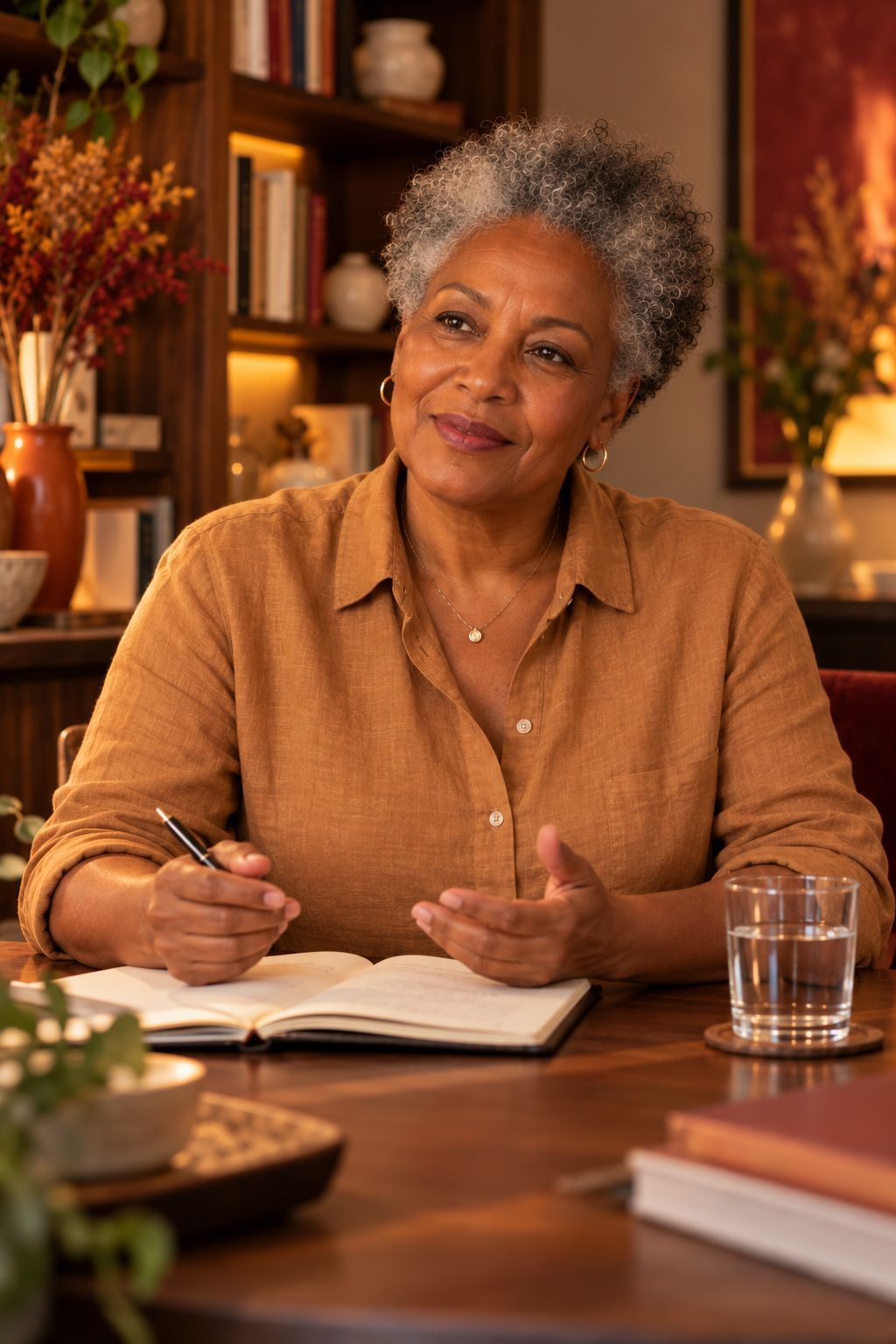 Ivone sentada à mesa do consultório, com um caderno aberto, conversando com atenção