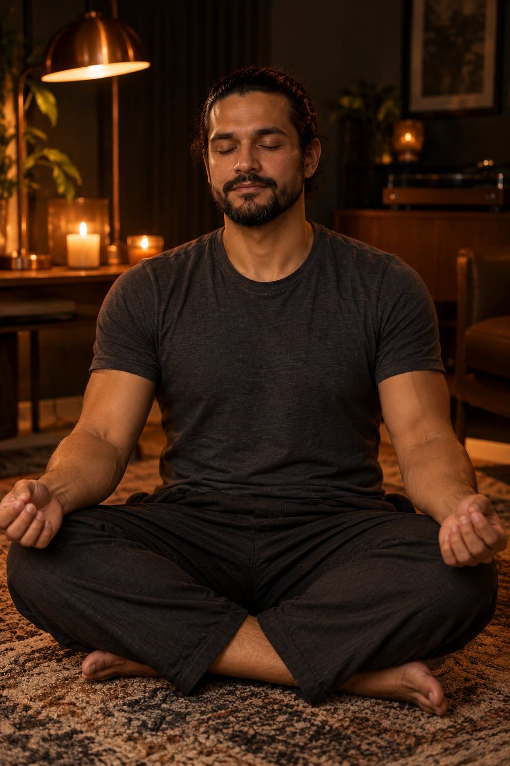 Thiago em meditação, de olhos fechados e mãos sobre os joelhos, no mesmo estúdio à luz de velas