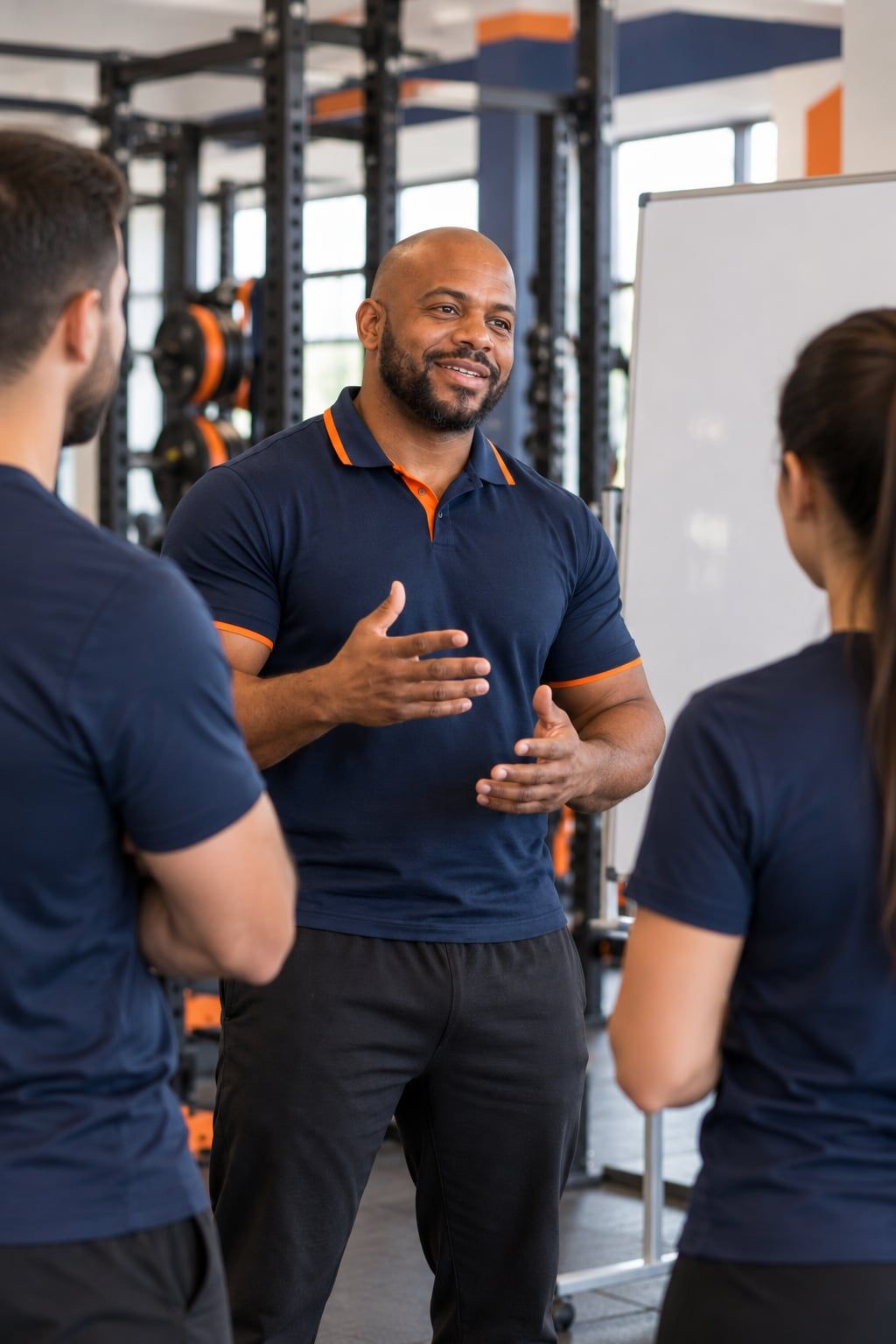 Ricardo conversa com dois profissionais da equipe diante de um quadro branco no estúdio