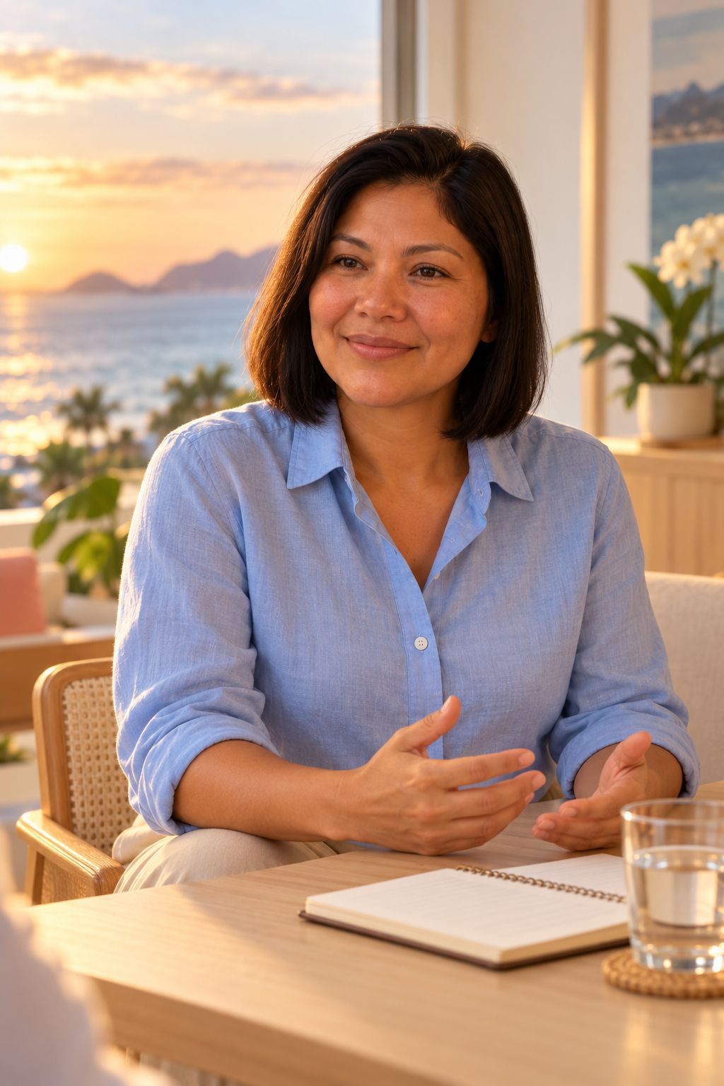 Ana sentada à mesa, conversando com as mãos em movimento