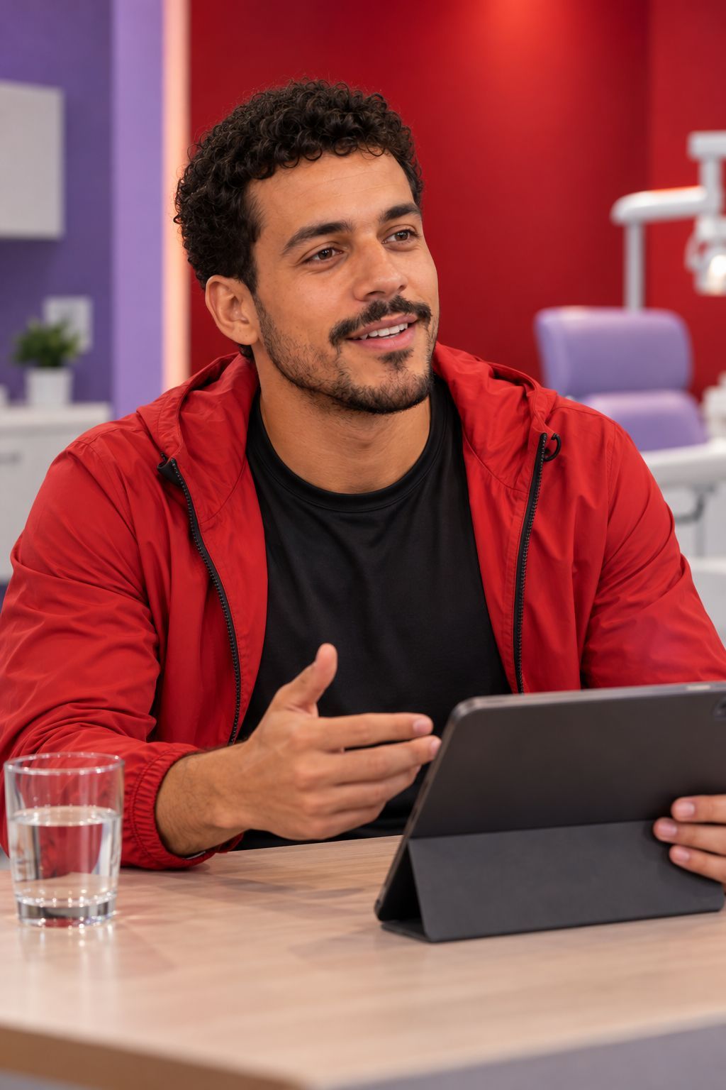 Lucas sentado à mesa, com um tablet, explicando algo com as mãos