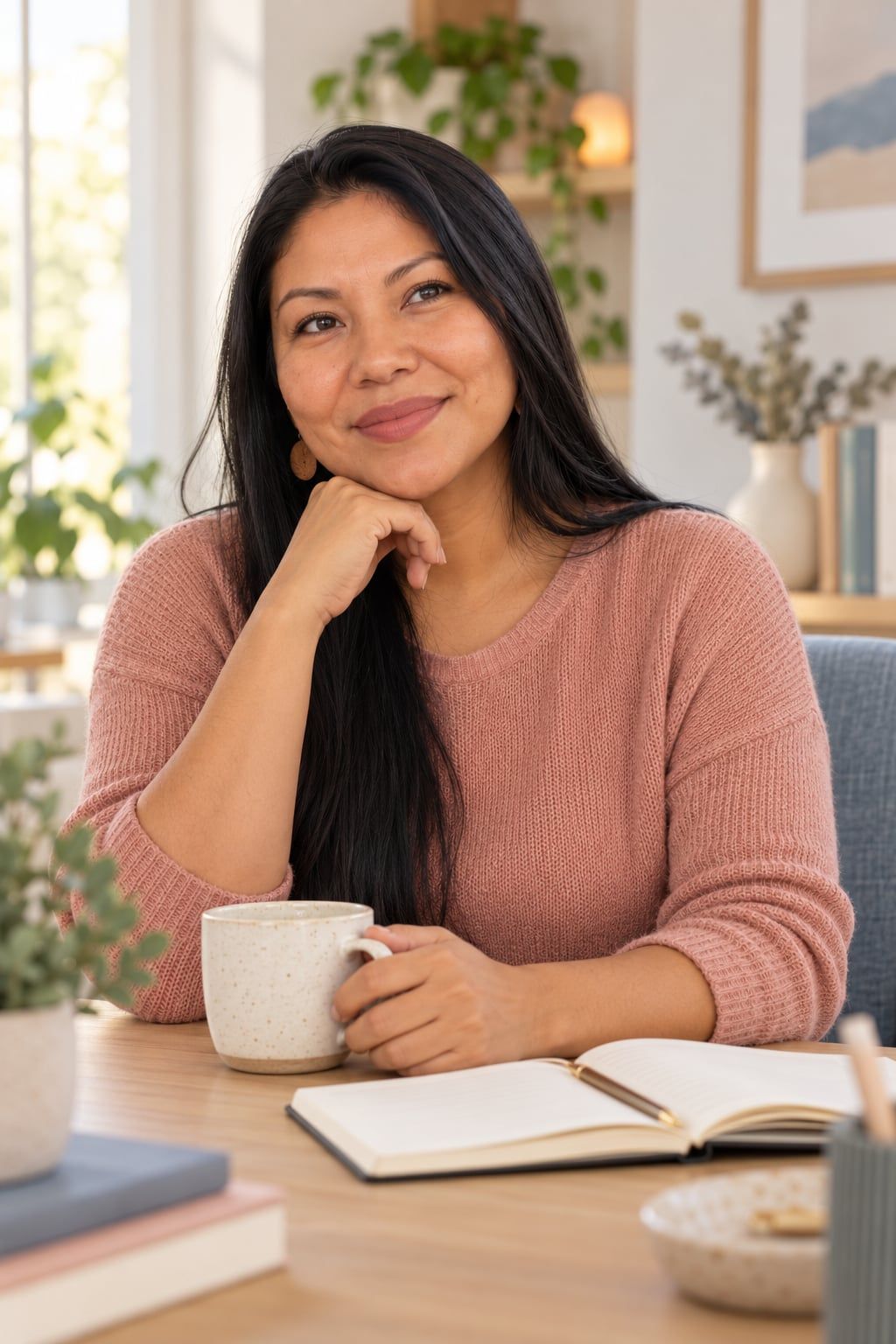 Raíssa sentada à mesa com uma xícara e um caderno aberto