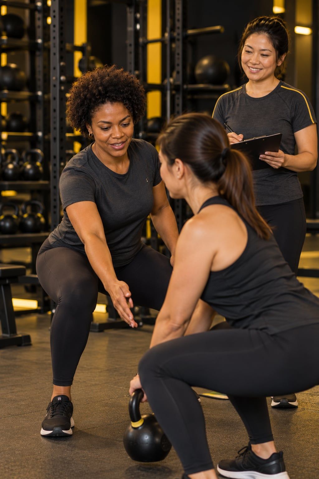 Bia orienta uma aluna com kettlebell enquanto Carol observa ao fundo