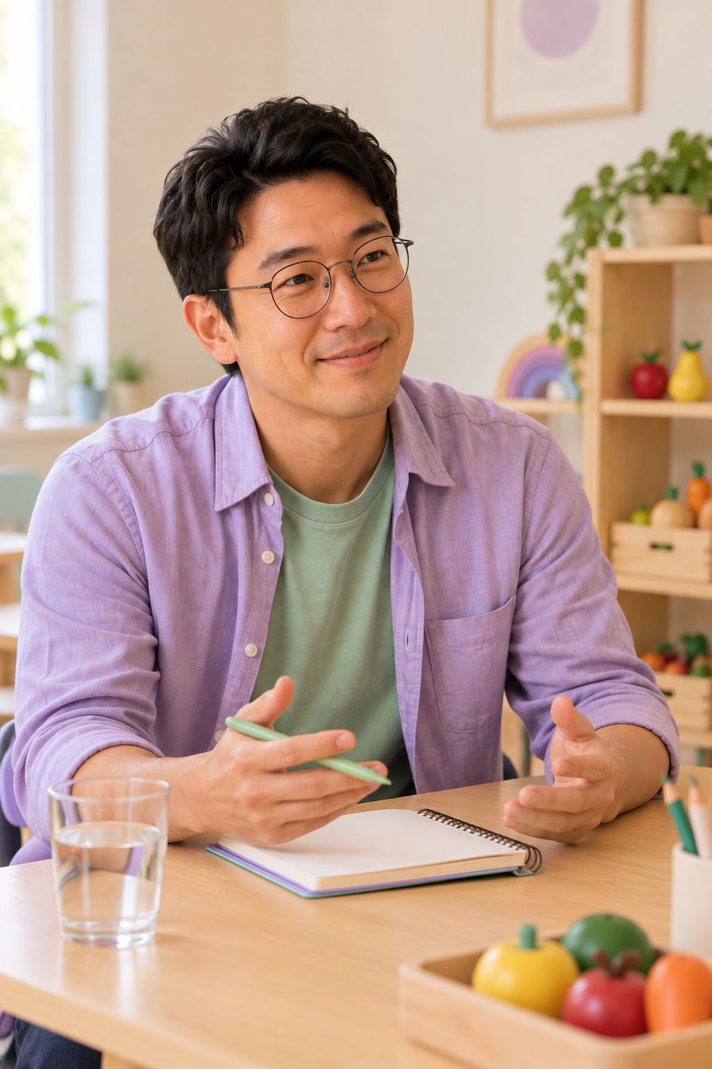 Pedro sentado à mesa, anotando num caderno com um sorriso