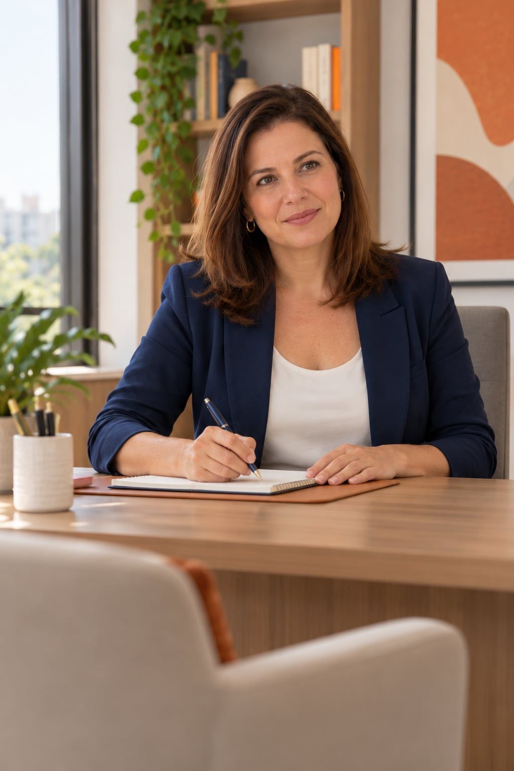 Fernanda sentada à mesa do consultório com um bloco de anotações, de frente para uma poltrona vazia
