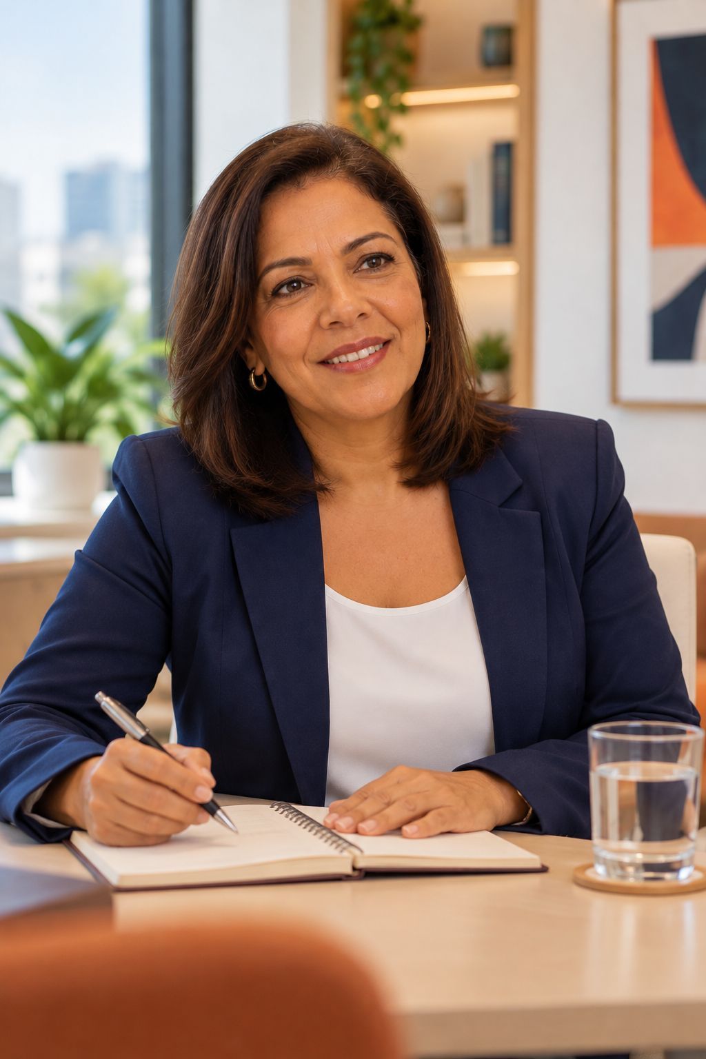 Denise sentada à mesa, anotando num caderno com atenção