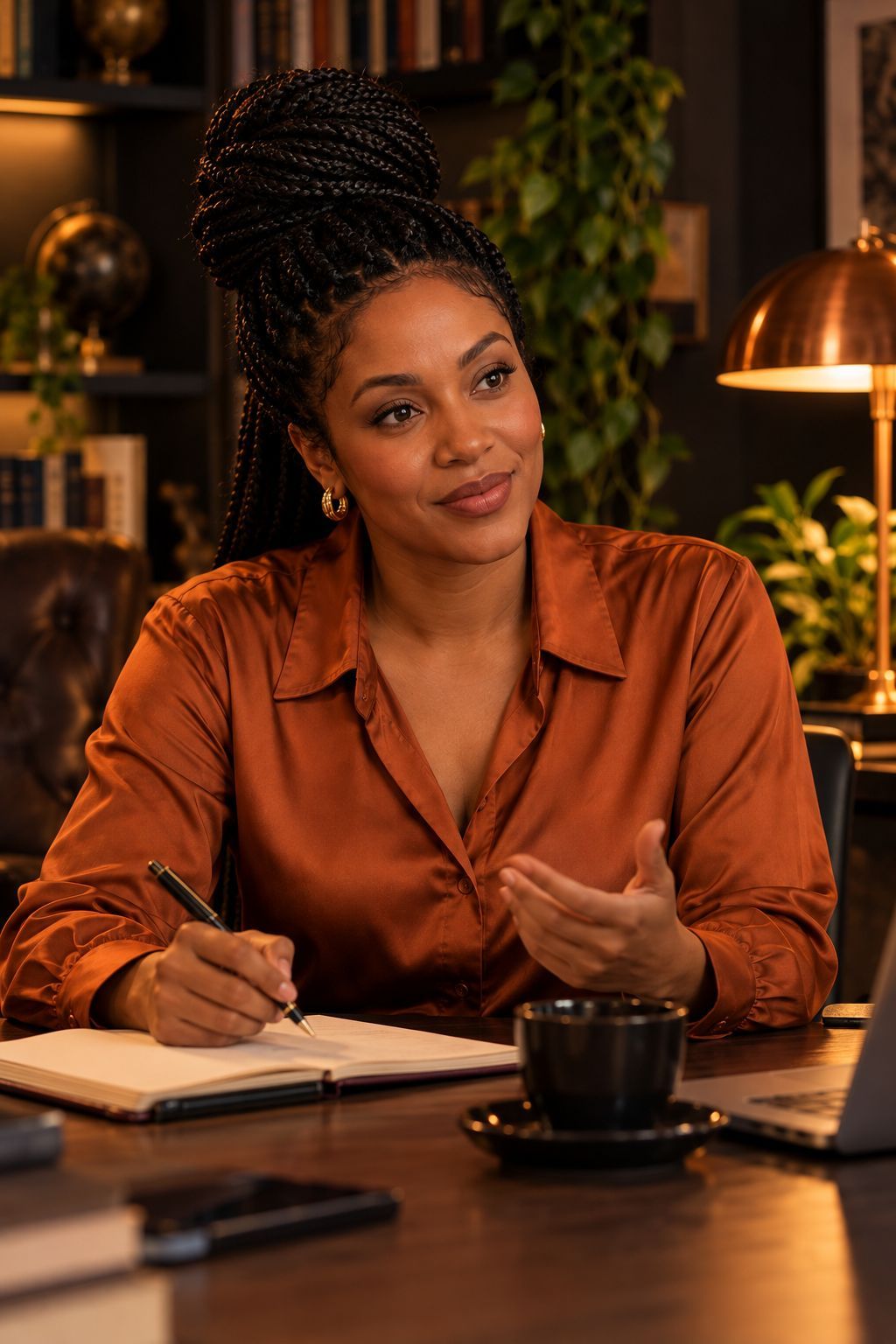 Jéssica sentada à mesa, escrevendo num caderno enquanto conversa