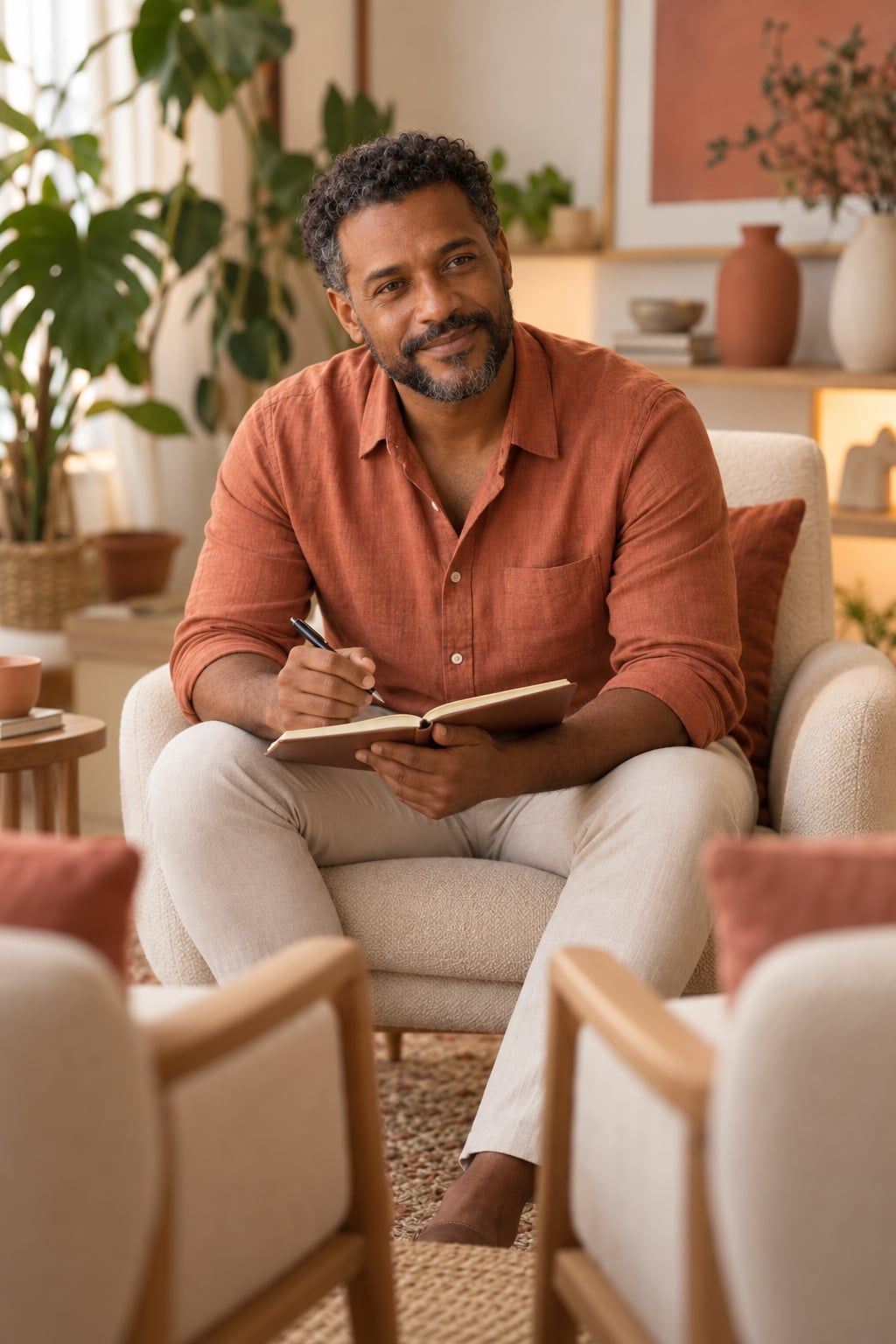 Paulo com um caderno no colo, atento, diante de duas poltronas vazias lado a lado
