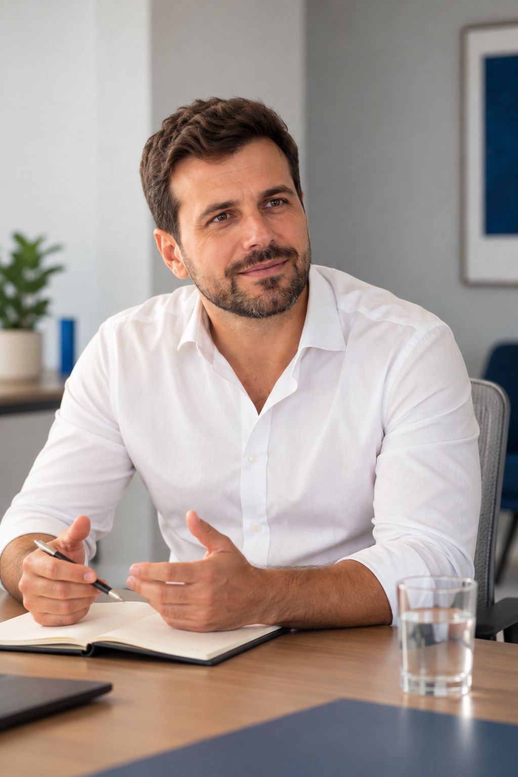 Otávio sentado à mesa, com um caderno, explicando algo com as mãos