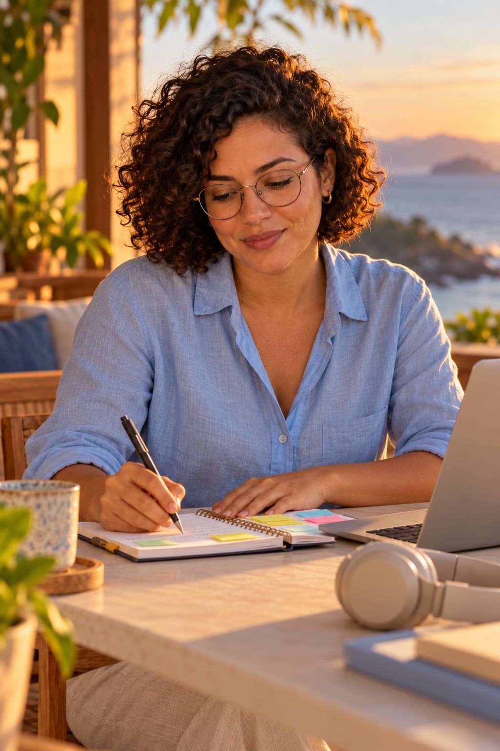Luana à mesa com notebook e fones de ouvido, fazendo anotações num caderno com post-its coloridos