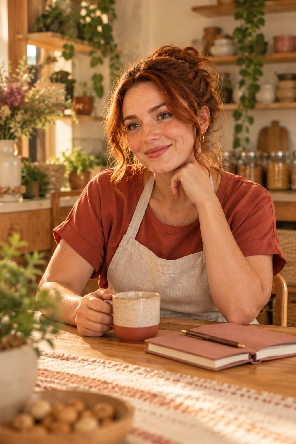 Rafaela sentada à mesa da cozinha, com uma caneca nas mãos, sorrindo
