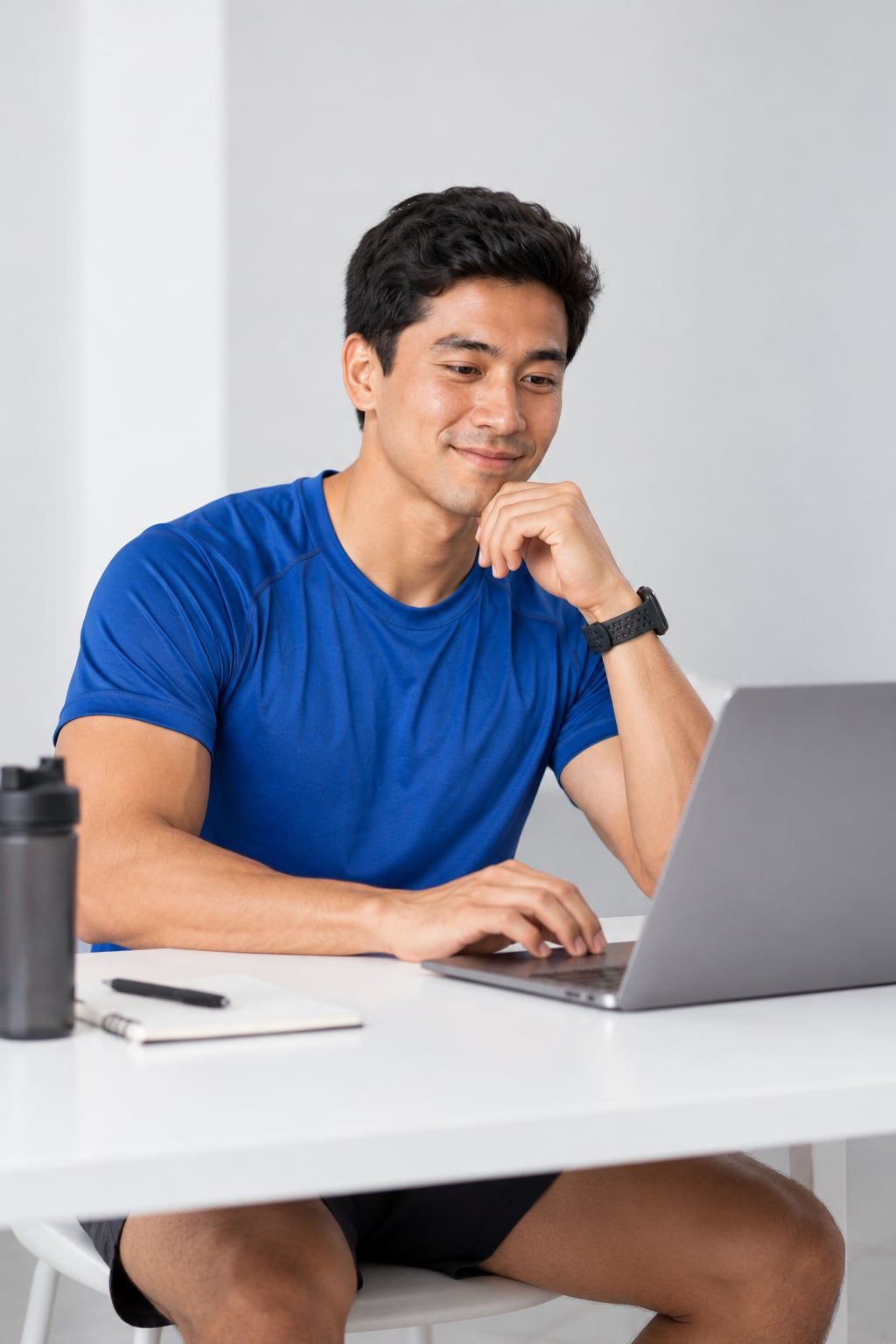 Hiro sentado a uma mesa branca com um notebook aberto, preparando treinos