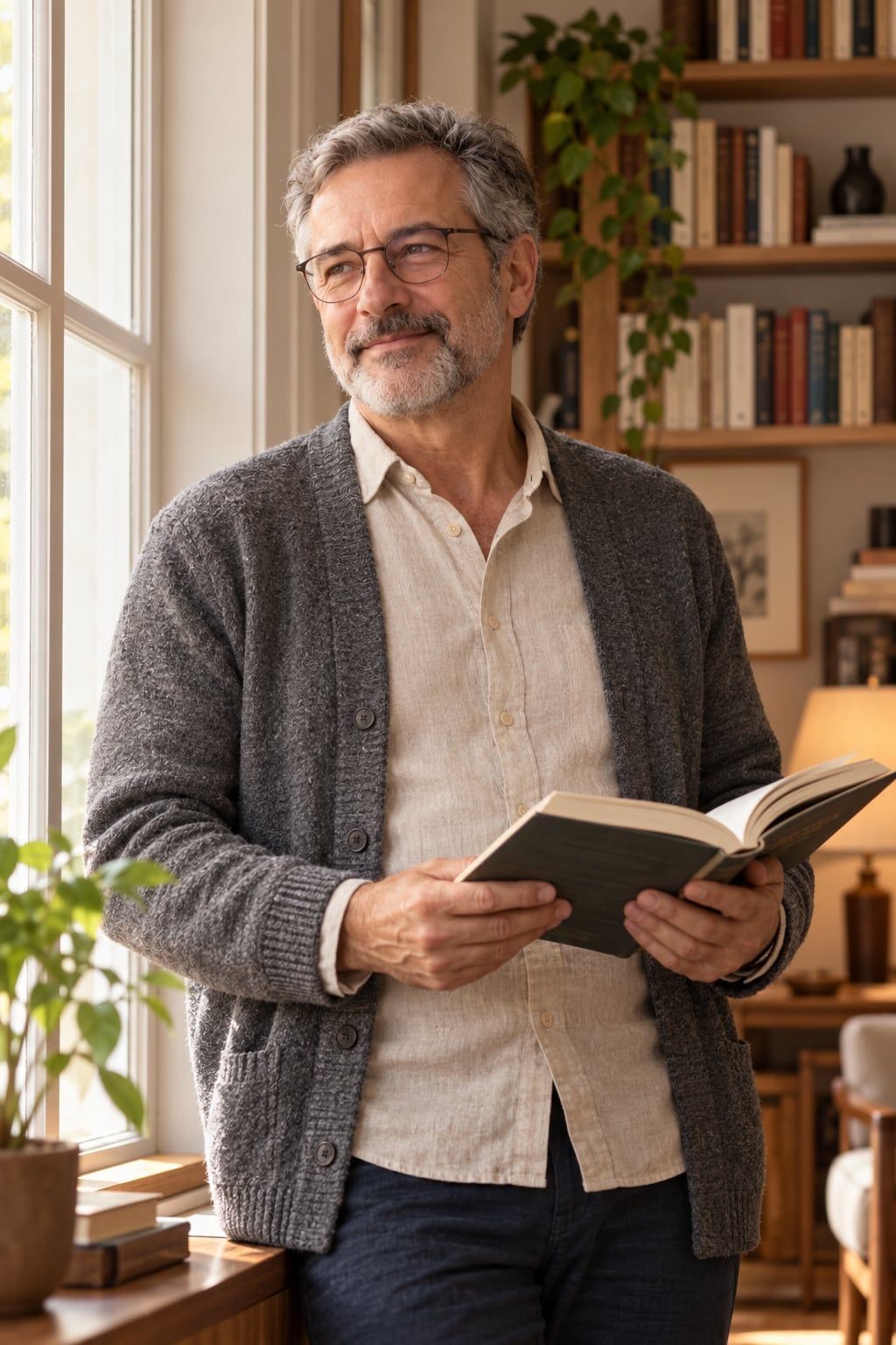 Tomás em pé perto da janela, segurando um livro aberto