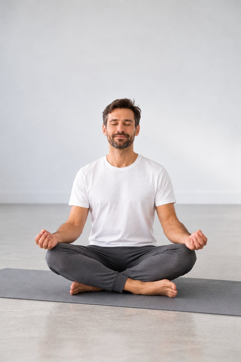 Rodrigo sentado em meditação sobre um tapete cinza, de olhos fechados, no mesmo estúdio