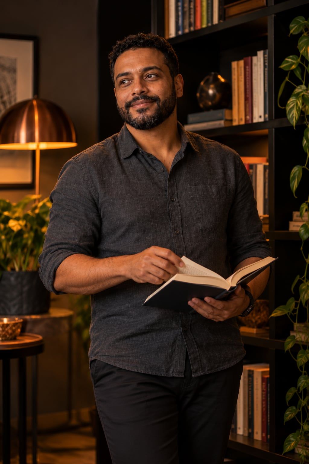 Gabriel de pé perto da estante, folheando um livro sob a luz baixa e quente de um abajur